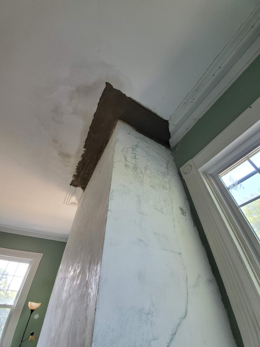 JSADLLC's tweet image. Skim coating the wall to alleviate the uneven surface. Rockwell house.