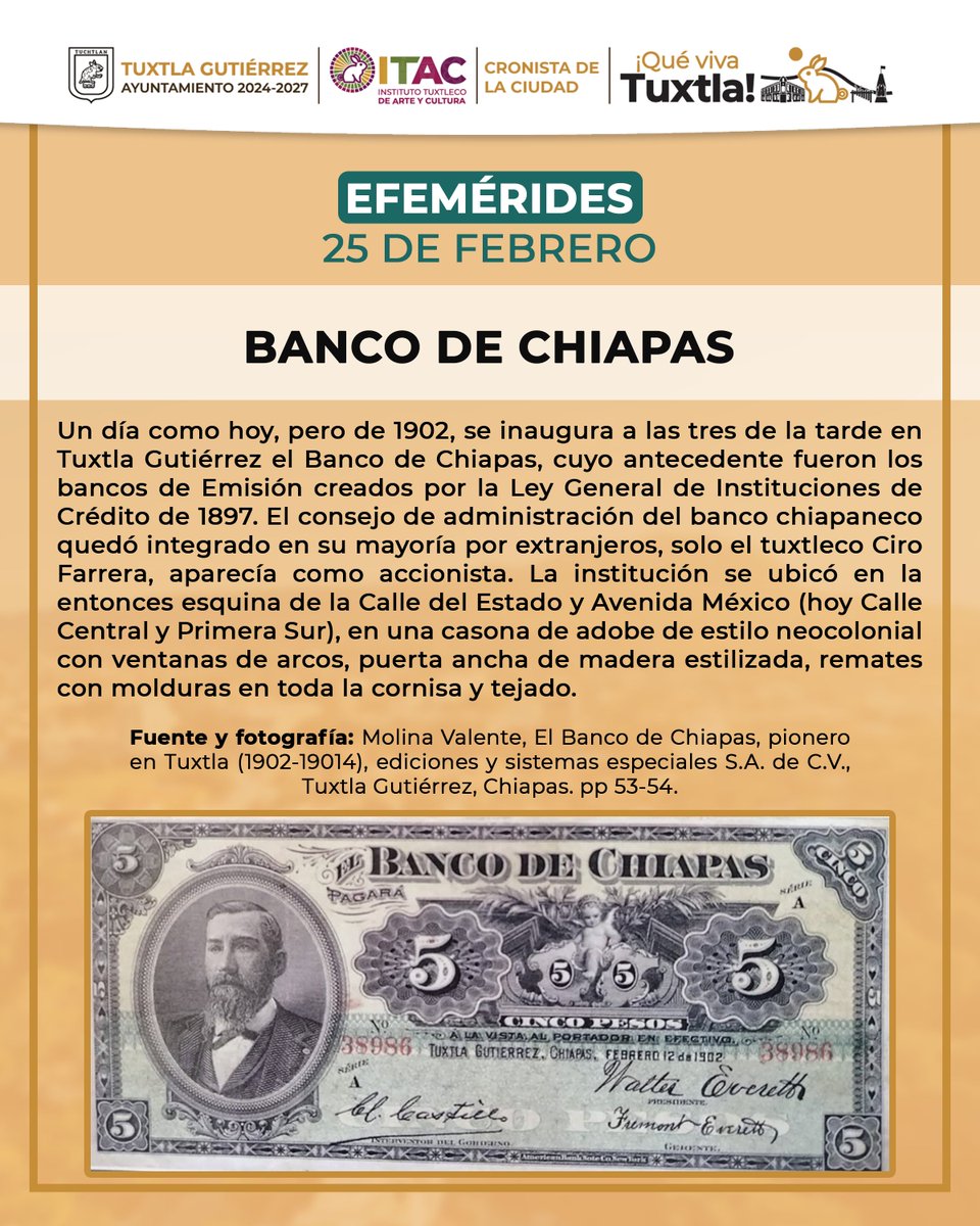ITACTuxtlaGtz's tweet image. #Efeméride 25 de febrero: Banco de Chiapas.

#ITAC #ViveTuCultura #SomosITAC