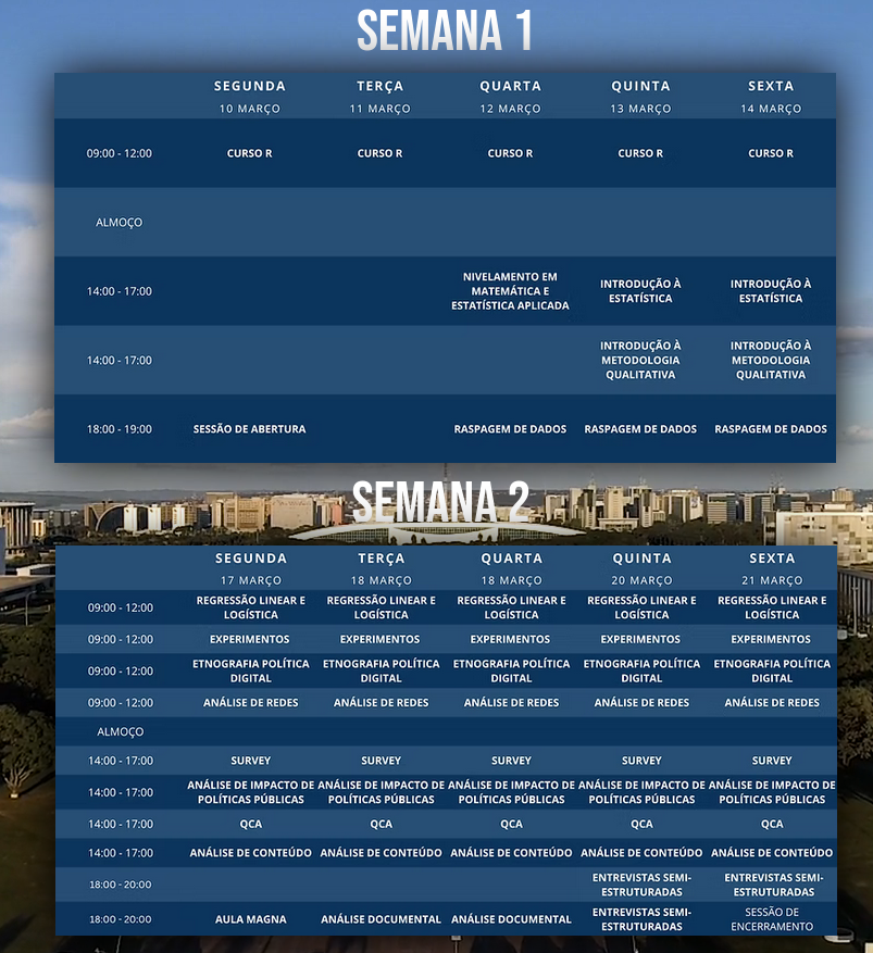 Ipol_Unb's tweet image. Ainda um pouco mais de duas semanas para se matricular para 2a escola de métodos em ciências sociais! quem fizer vai crecer... quem perder, perdeu...
Olha a programação bacana e alternada! São 9 cursos de 15hs (cada um da direito a 1 crédito universitário)...