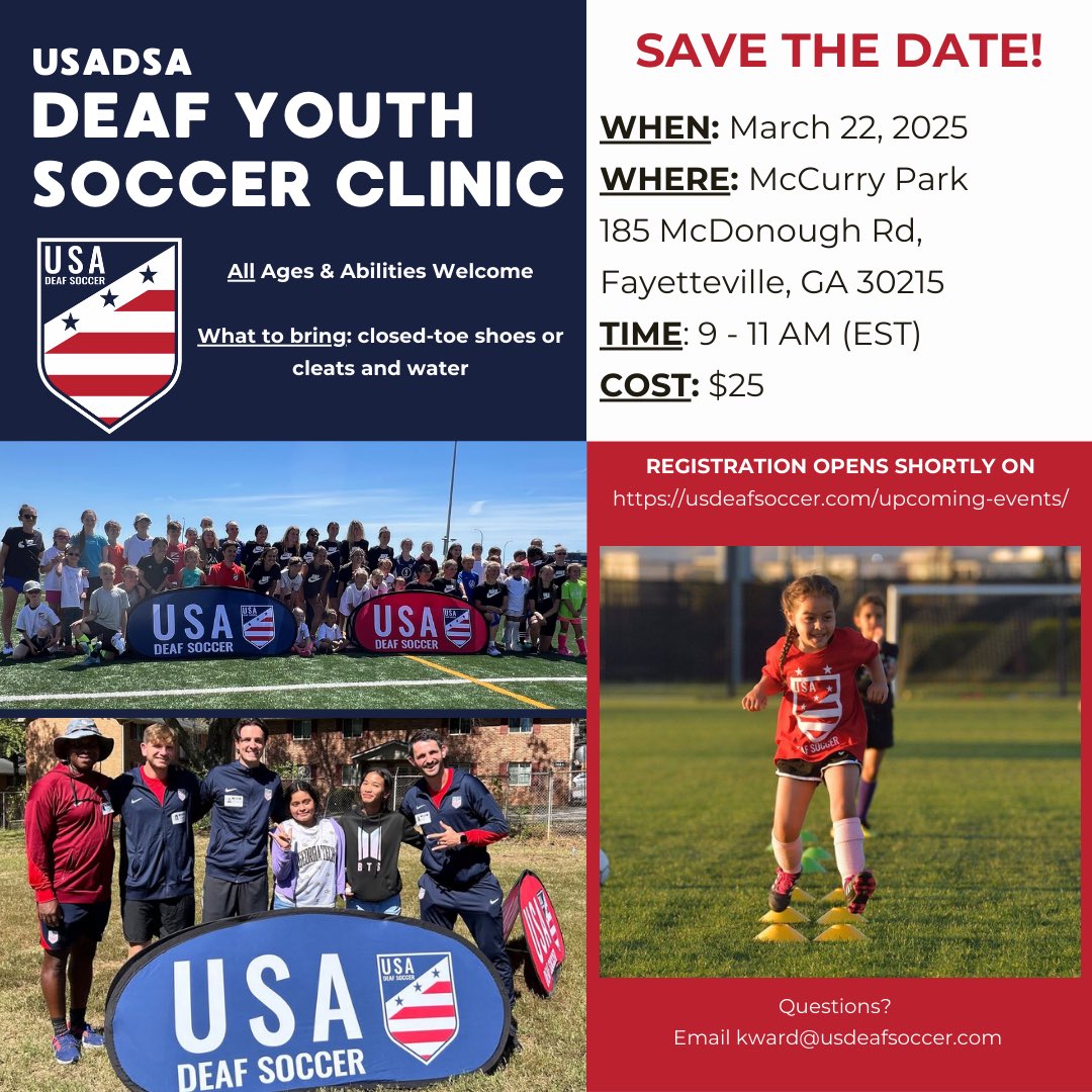 🚨 𝗚𝗲𝗼𝗿𝗴𝗶𝗮: We are proud to announce a new Deaf Youth Soccer Clinic taking place on March 22! Visit the link in our bio, and click on the Upcoming Events link to stay informed and sign up soon. We look forward to seeing you there!