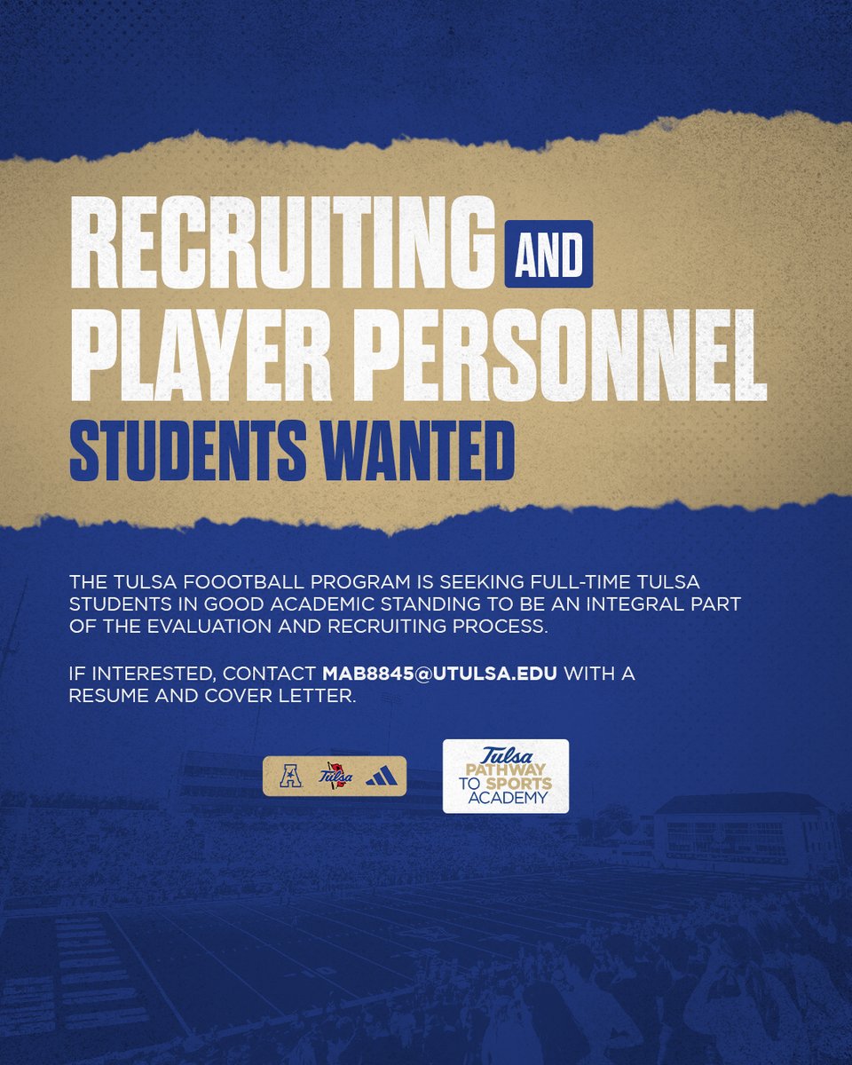 Tulsa Football (@tulsafootball) on Twitter photo 🚨Calling all Full-Time Tulsa Students🚨
If you want to gain experience in College Football Recruiting and Player Personnel, this is your time!
If interested, please email @mab8845@utulsa.edu with a resume and cover letter to start the process 🌀
#ReignCane 🚨Calling all Full-Time Tulsa Students🚨
If you want to gain experience in College Football Recruiting and Player Personnel, this is your time!
If interested, please email @mab8845@utulsa.edu with a resume and cover letter to start the process 🌀
#ReignCane
