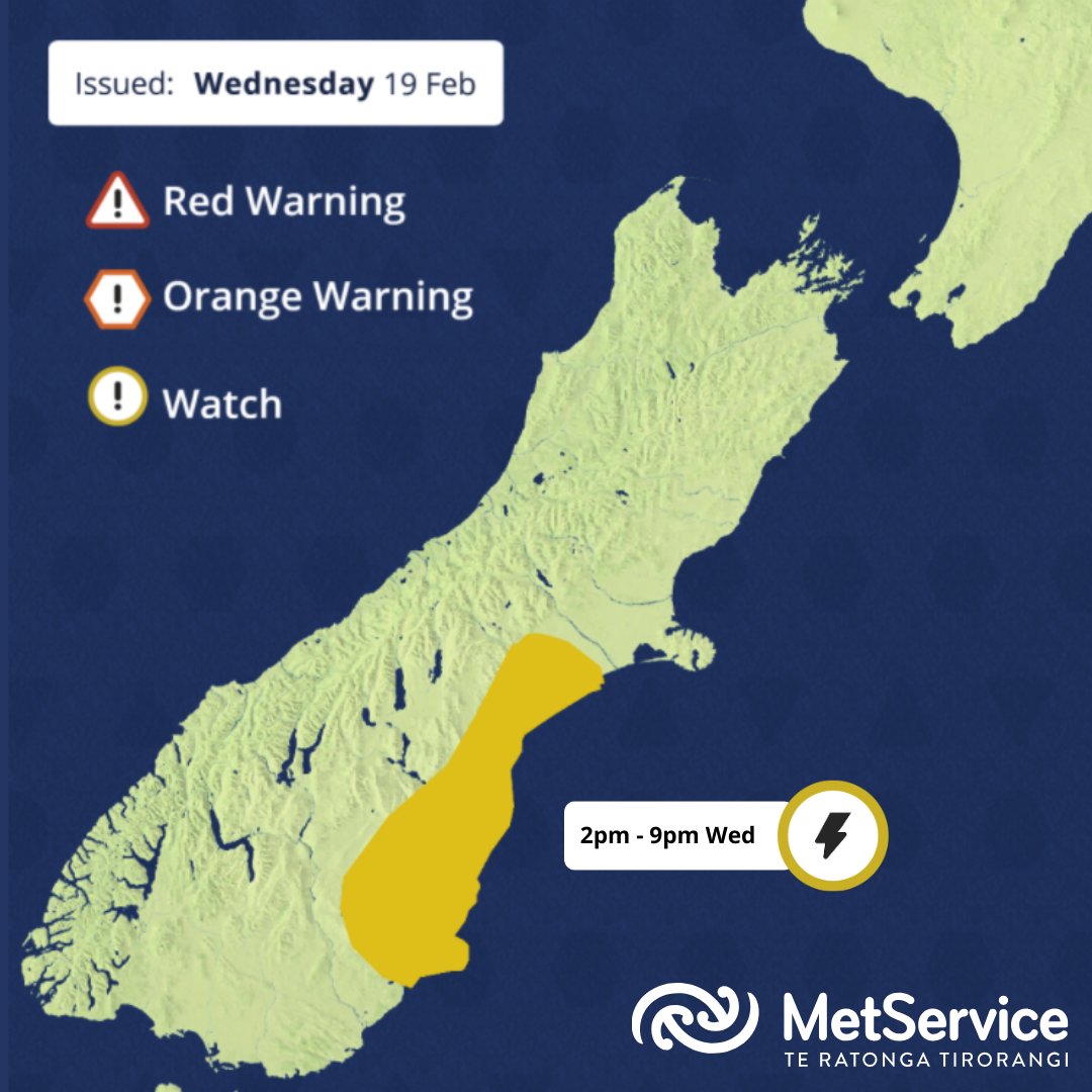 ⚡Severe Thunderstorm Watch for Dunedin, eastern Central Otago, North Otago, and the Canterbury Plains and foothills from Ashburton southwards. 

⛈ Severe storms will generate localised downpours and large hail. Rainfall of this intensity can cause surface and/or flash flooding,