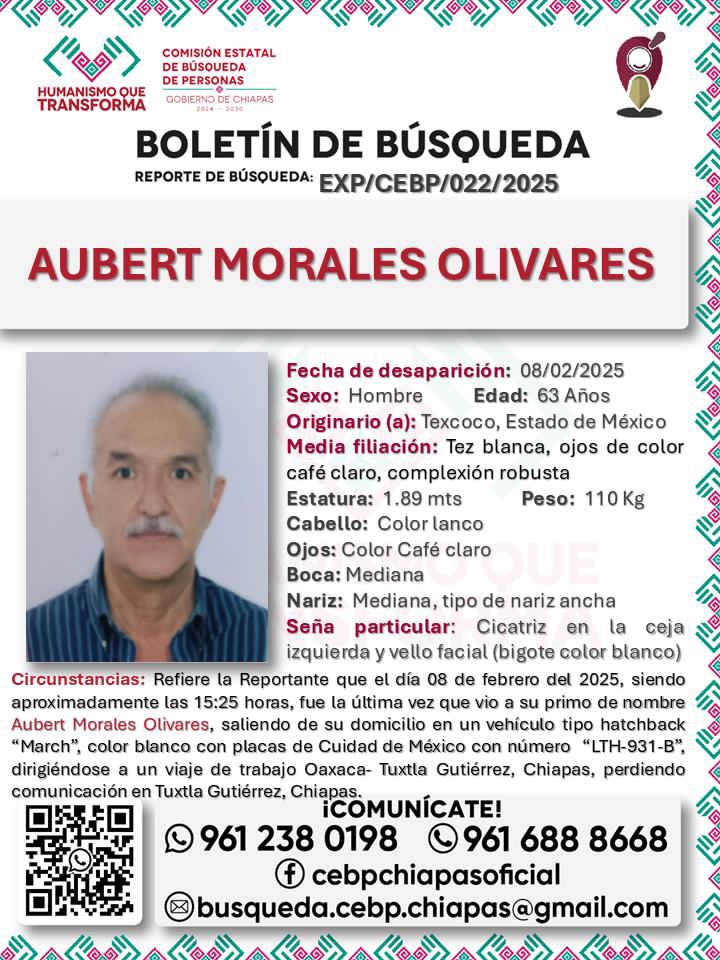 MVSNoticias's tweet photo. Solicitamos tu colaboración para localizar a Aubert Morales Olivares, quien desapareció el pasado 8 de febrero, después de dirigirse a un viaje de trabajo a Tuxtla Gutiérrez, Chiapas. 

Si tienes información que ayude a dar con su paradero, comunícate al 961 238 0198 o al 961 688 8668. ¡Gracias por compartir!