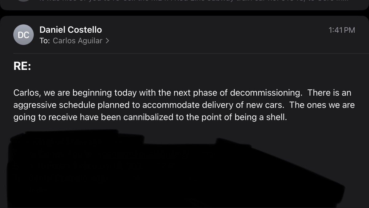A message from Dan Costello himself (of <a href="/Costello_demo/">Costello Dismantling Co., Inc.</a>), when I asked him on how much longer he can hold off on sending his workers and heavy-load trucks to the Cabot yard (where the <a href="/MBTA/">MBTA</a> Red Line trains are stored).