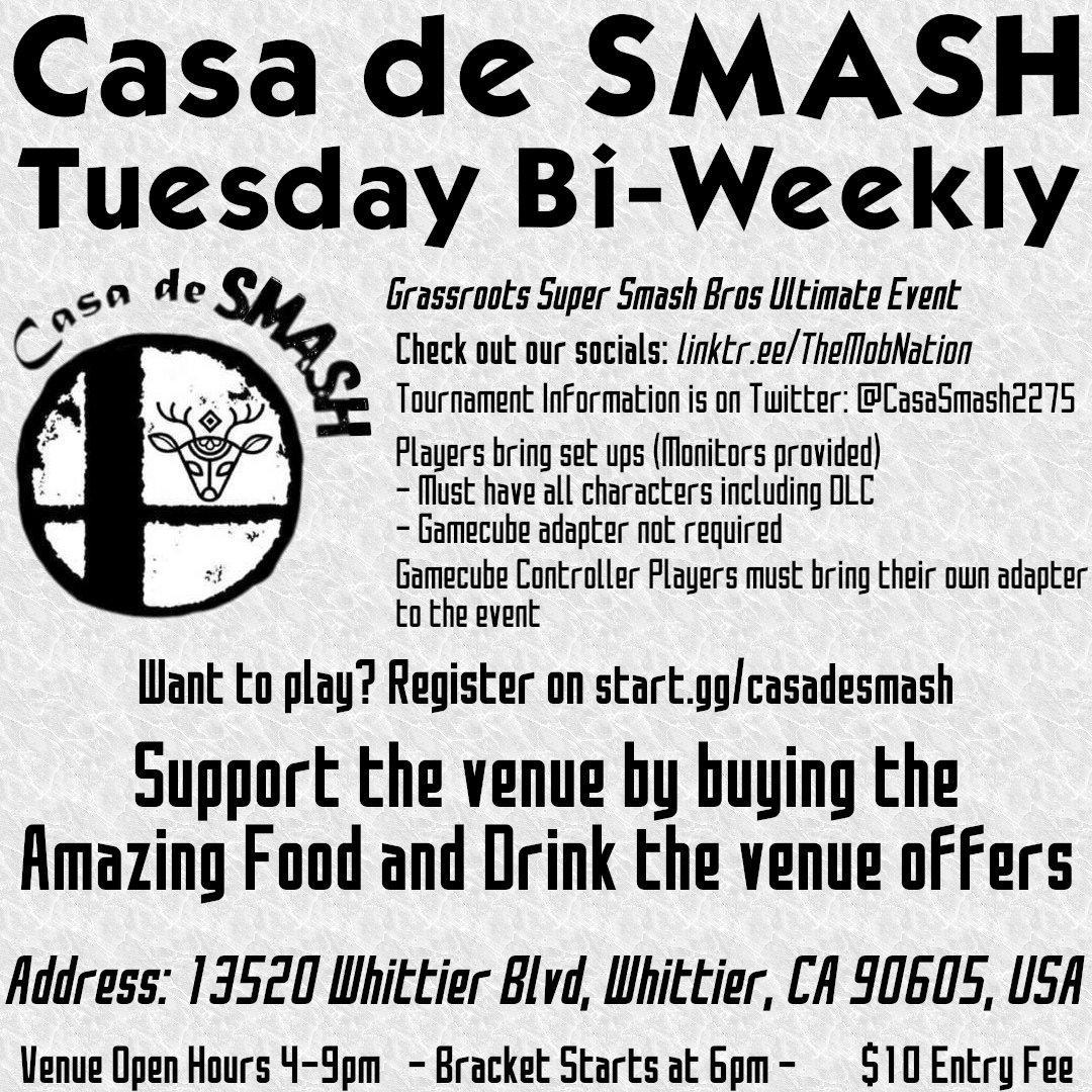 Today is the day guys Casa is officially back! Make sure you sign up bracket starts at 6 and we have a hard close at 9pm it's only $10 and if you could bring a setup it is greatly appreciated I hope to see everyone :)
🔗start.gg/tournament/cas…