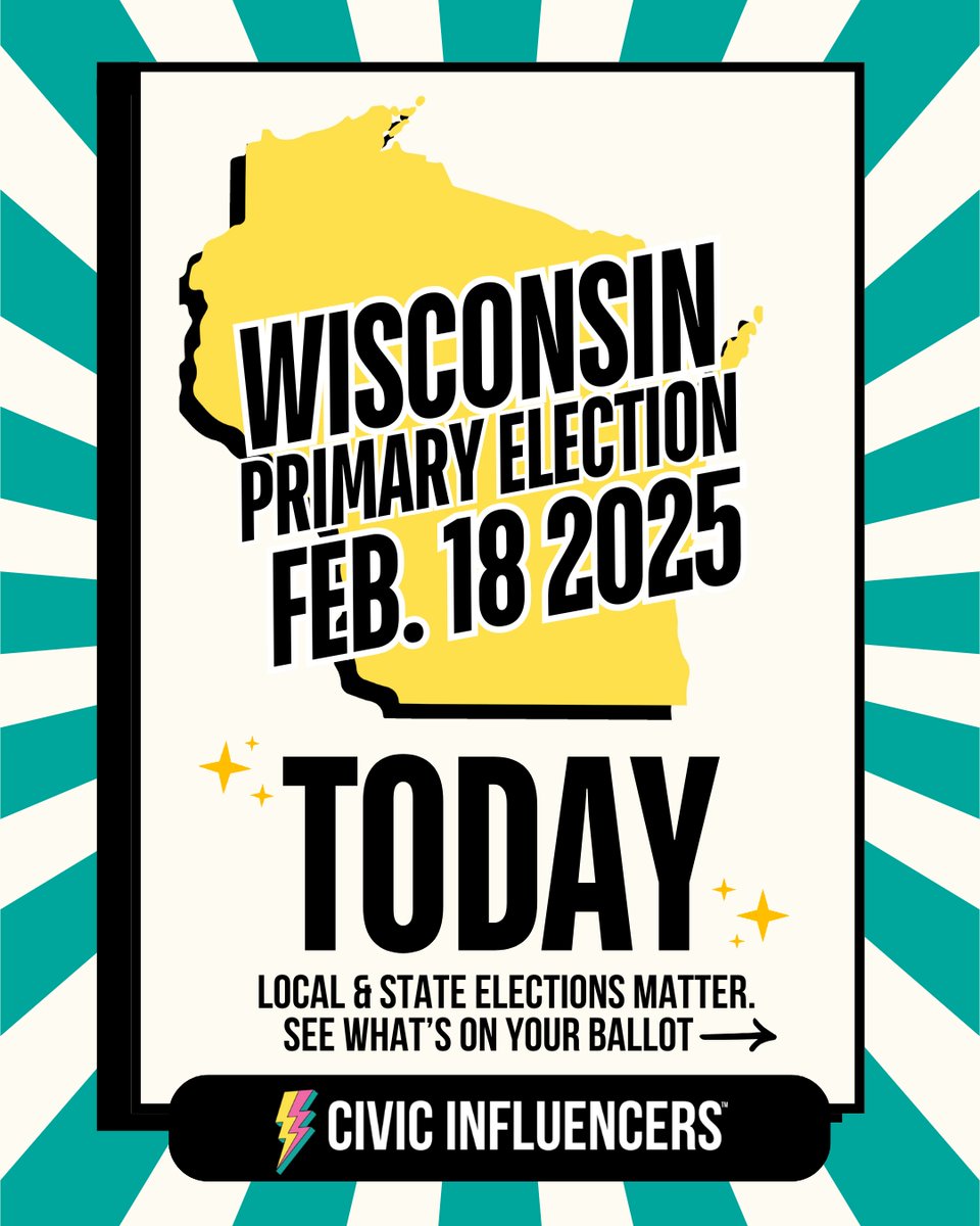 CivicInfluencer's tweet photo. Itβs primary election day in Wisconsin! π§π³οΈ Polls are open from 7 AM to 8 PM CT. Donβt forget your ID! Find your ballot & polling place (link in bio).
Young Wisconsin voters, your voice matters! Your vote shapes your community & influences national policies! #WisconsinPrimary https://t.co/zHBlU7nqfw