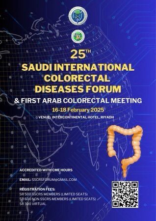 Our 25 Anniversary of Saudi-International Colorectal Diseases Forum &amp; First Arab Colorectal Meeting was concluded today
Thanks to all our speakers, organizers &amp; volunteers for there contributions
See you next year   
#SSCRS #SSCRS2025 #ColorectalSurgery
#ColorectalDiseases