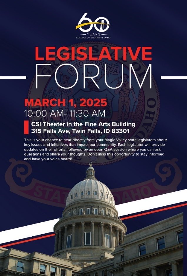 Come hear our legislators and ask your questions.  Sponsored by College of Southern Idaho.