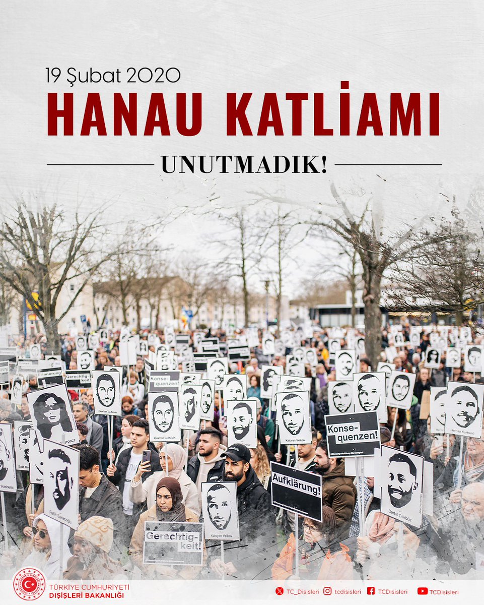 TC_Disisleri's tweet photo. 5 yıl önce Hanau’da gerçekleşen ırkçı saldırıda kaybettiğimiz vatandaşlarımızı ve tüm kurbanları saygı ve rahmetle anıyoruz.

Yabancı düşmanlığı ve İslam karşıtlığıyla mücadele uluslararası toplum tarafından etkin şekilde sürdürülmelidir. https://t.co/J3XTVnYjWY
