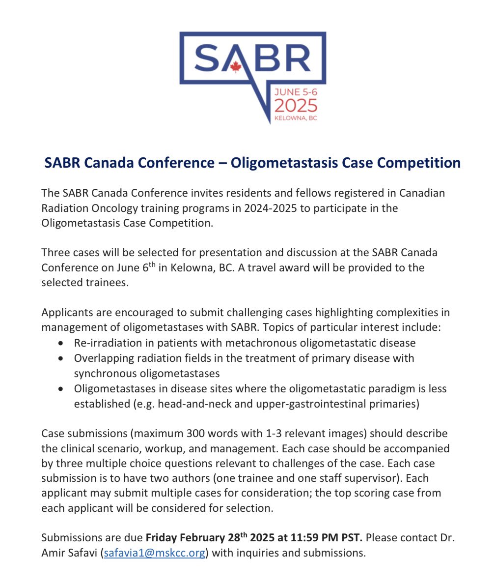 SABR Canada (@sabrcanada) on Twitter photo 🏆#SABRCAN25 invites Canadian #radonc trainees to participate in the #SBRT oligometastasis case competition to win travel awards to the <a href="/SABRCanada/">SABR Canada</a> conference!
Top cases to be discussed in panel session moderated by <a href="/_ShankarSiva/">Shankar Siva</a> & <a href="/safaviaa/">Amir Safavi</a>
⏰: Feb 28th 2025 11:59 PM PST
👇 🏆#SABRCAN25 invites Canadian #radonc trainees to participate in the #SBRT oligometastasis case competition to win travel awards to the <a href="/SABRCanada/">SABR Canada</a> conference!
Top cases to be discussed in panel session moderated by <a href="/_ShankarSiva/">Shankar Siva</a> & <a href="/safaviaa/">Amir Safavi</a>
⏰: Feb 28th 2025 11:59 PM PST
👇