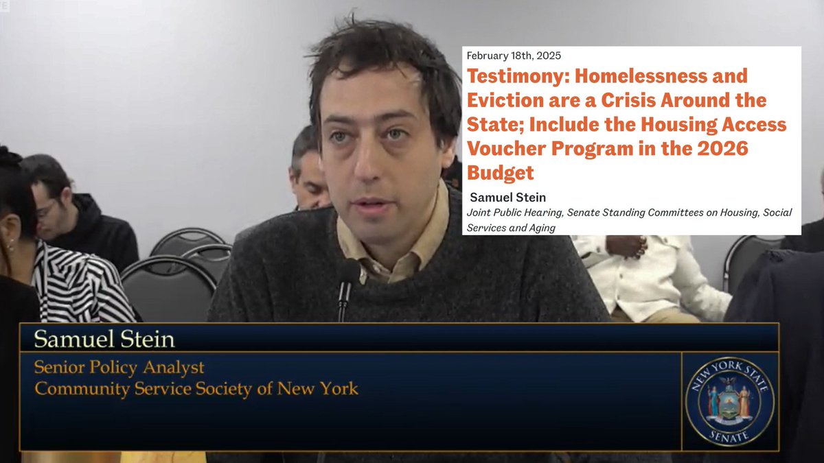 Homelessness and evictions are a crisis across New York. Our research shows rising housing insecurity, with 1M+ at risk of eviction. 

The Housing Access Voucher Program #HAVP could be a lifeline. 

👉Testimony by Sam Stein, Senior Policy Analyst at CSS.

cssny.org/news/entry/tes…