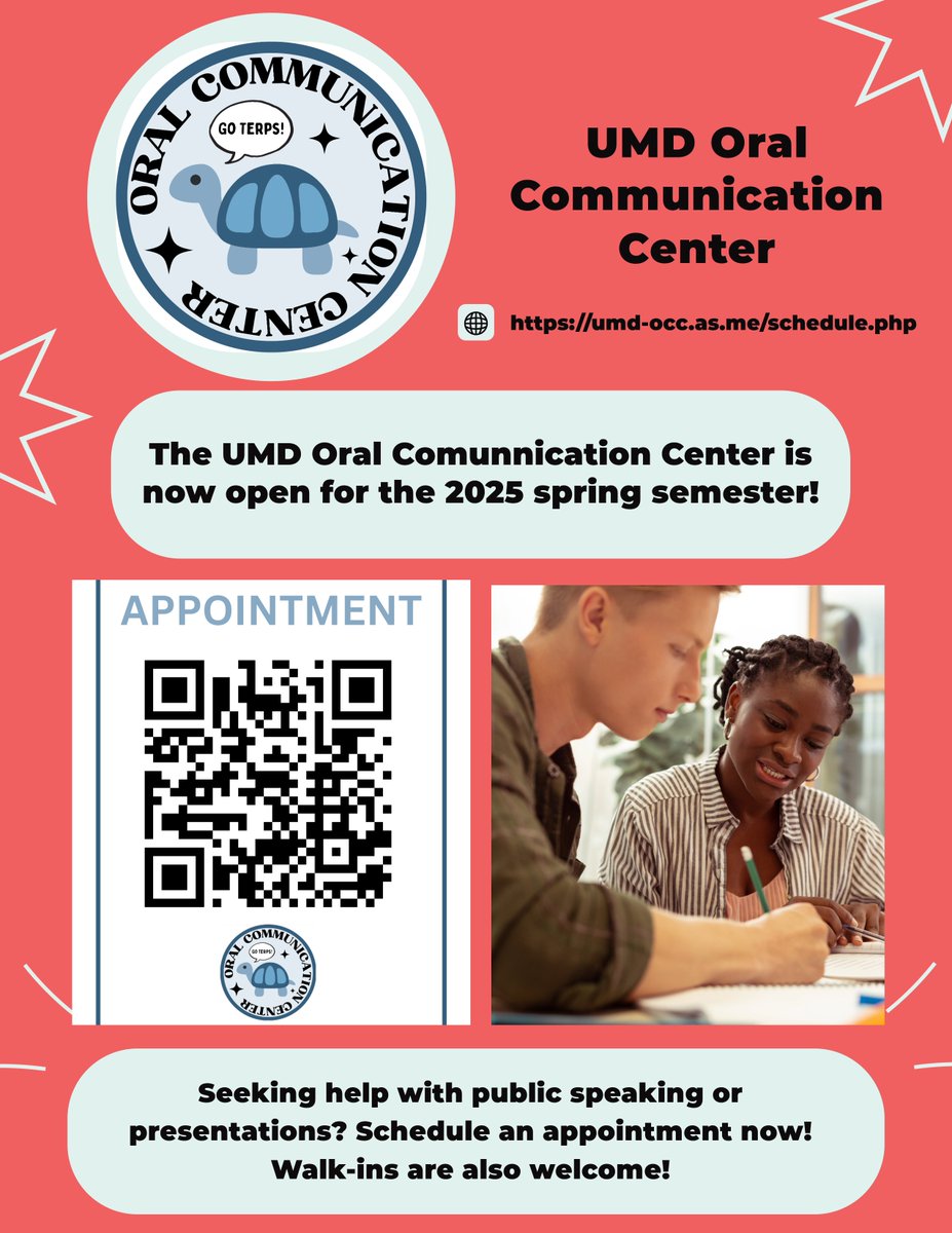 UMD_OCC's tweet photo. Week 2 of the Oral Communication Center is here, and we’re ready to help! Whether you're prepping for a presentation or just want to build your confidence, the UMD OCC has you covered. Visit our website to book an appointment! #UMDOCC #PublicSpeakingConfidence https://t.co/9bZNyT9Fjo