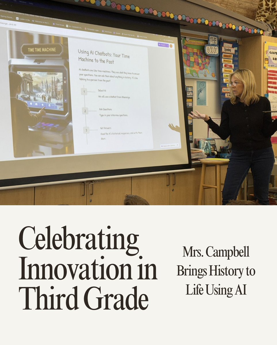 alzina_amy's tweet image. Thrilled to highlight an exceptional third grade lesson that used AI to make history engaging, interactive, and meaningful! 
🔹 Real-time AI interviews with historical presidents brought history to life
🔹 Personalized instruction with Khanmingo
#InnovativeLearning #FutureReady