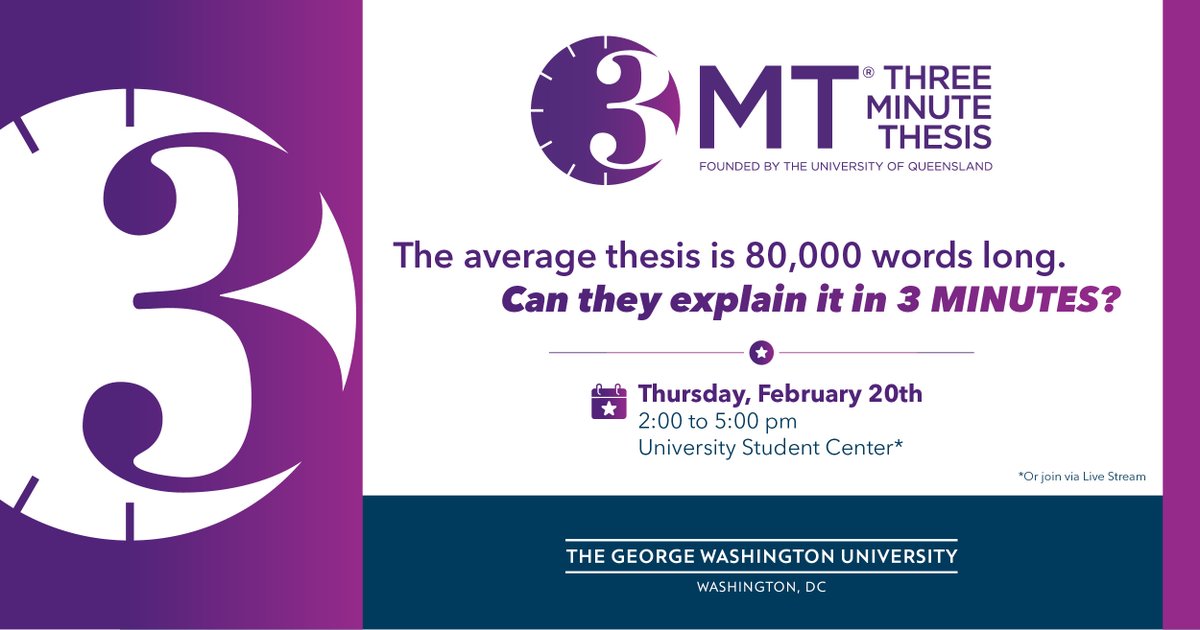 Students from across GW will participate in this year's Three Minute Thesis (3MT®) competition. View the #3MT competitors and then join in person or watch the live stream! gradpostdoc.gwu.edu/graduate-affai…