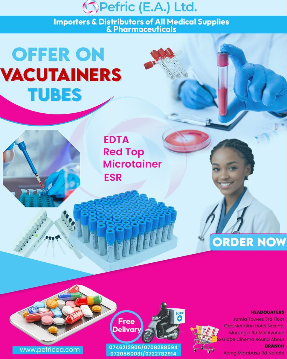 🌟 Vacutainer Tube Deals! 🌟

Unbeatable prices on high-quality Vacutainer tubes for accurate blood collection. Essential for your medical practice!

Visit: pefricea.com

Contact: 0746212906 | 0708288594 | 0720560031 | 0722782914

#VacutainerTubeDeals #PefricEALtd
