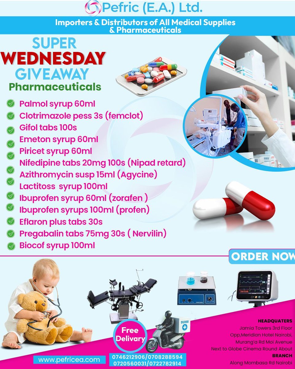 🌟 Wonderful Wednesday Deals! 🌟

Score unbeatable savings on top-quality pharmaceuticals and non-pharmaceuticals at Pefric EA LTD. 

Visit: pefricea.com

Contact: 0746212906 | 0708288594 | 0720560031 | 0722782914

#WonderfulWednesday #MedicalSupplies #PefricEALtd