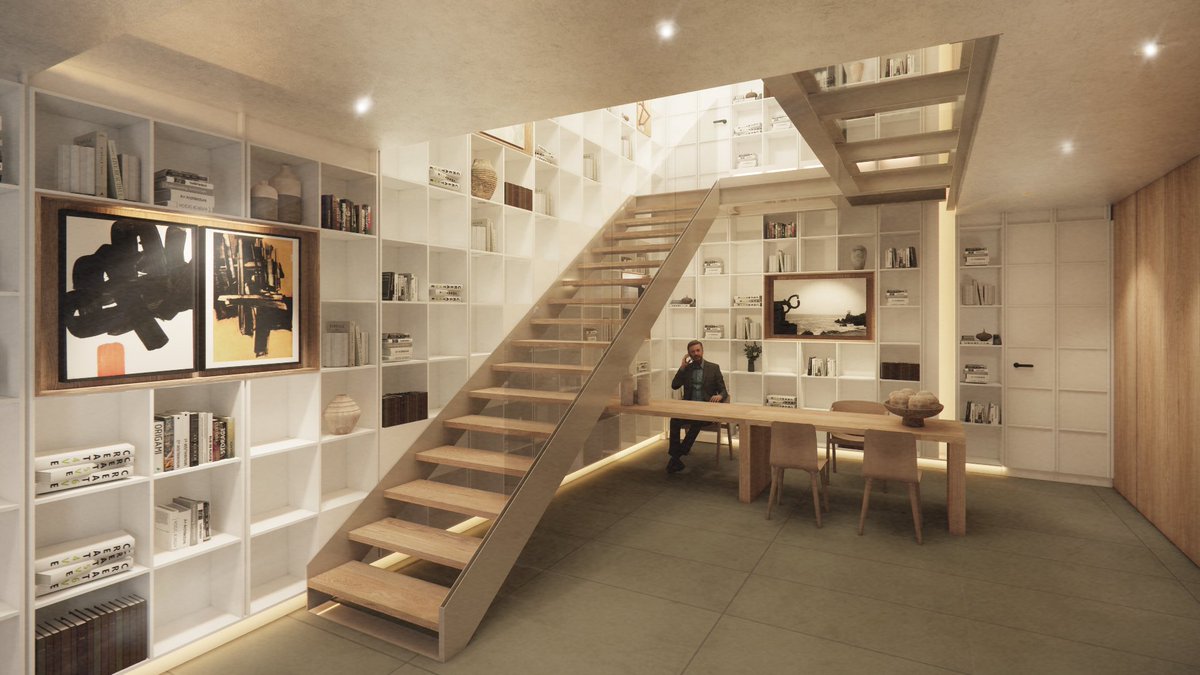 Proceso.
Pent House C. Andersen, Polanco CDMX.
Núcleo de escaleras cuya envolvente fue algo que no cabía en el programa, una biblioteca. Está genera una sensación de integración de los libros y el arte del cliente con ambos niveles del PH.
#santorojo #arquitectura