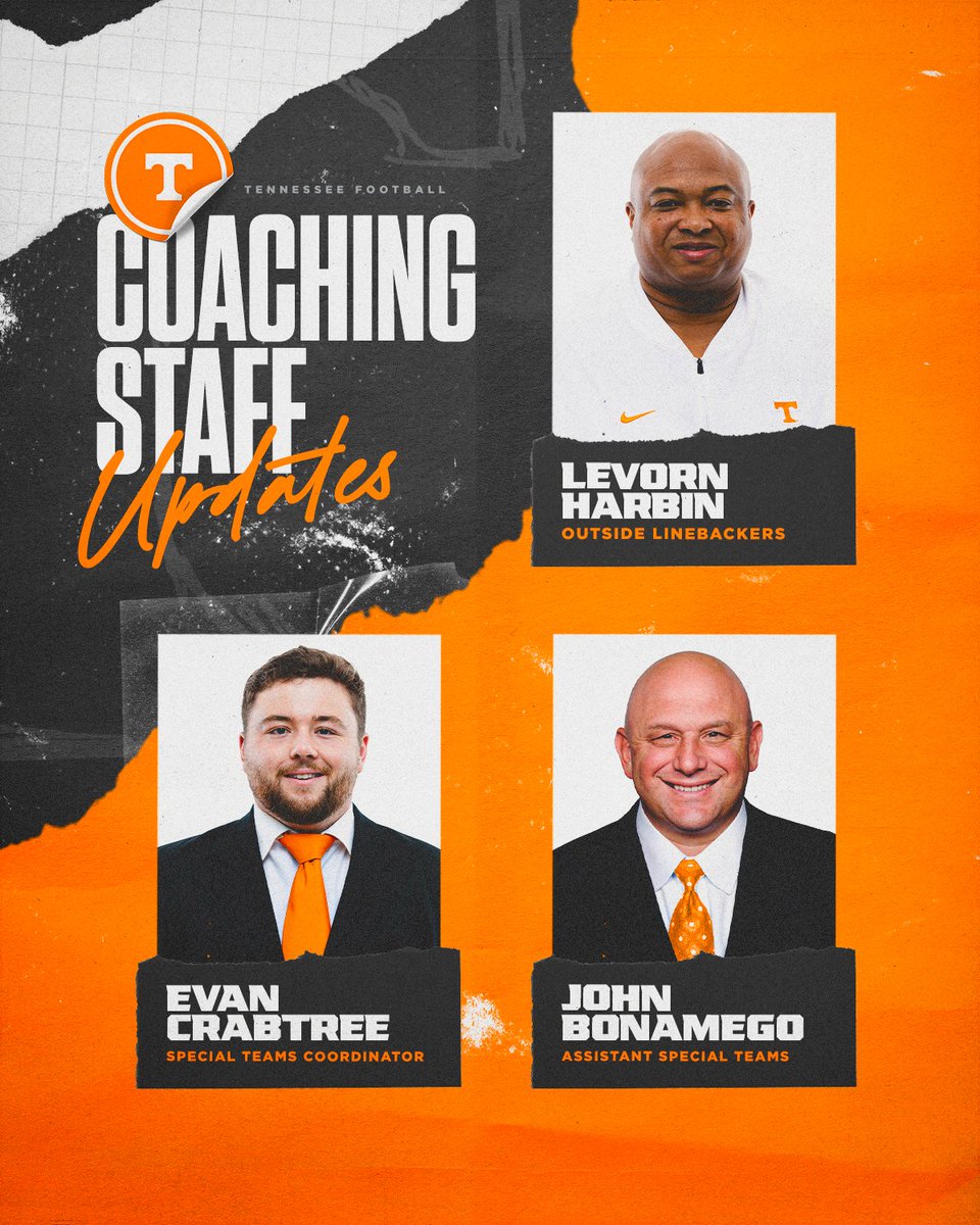 Tennessee Football (@vol_football) on Twitter photo Two elevations and a new face on Rocky Top!
<a href="/LevornH/">Coach Chop</a>
<a href="/CoachCrab/">Evan Crabtree</a>
Coach John Bonamego
๐ฐ โ 1tn.co/2025Staff
#GBO ๐ Two elevations and a new face on Rocky Top!
<a href="/LevornH/">Coach Chop</a>
<a href="/CoachCrab/">Evan Crabtree</a>
Coach John Bonamego
๐ฐ โ 1tn.co/2025Staff
#GBO ๐
