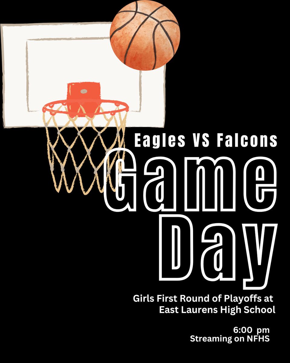 The Lady Eagles are dancing for the 1st time since 2008-2009  🚨
The Eagles take on the Falcons in the first round of the playoffs! 🏀🔥

📍 East Laurens High School
⏰ 6:00 PM
🎥 Streaming on NFHS

Let’s pack the stands and bring the energy! 💪🏽💛🦅 #WingsUp