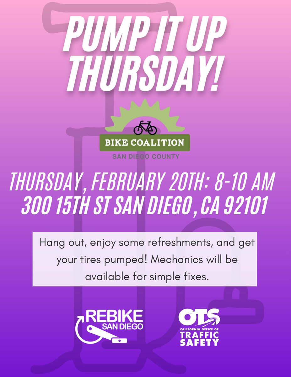 San Diego County Bike Coalition (@sdbikecoalition) on Twitter photo π΄ββοΈπ΄ββοΈ Pump It Up Thursday is back on Feb 20, 8-10 AM! ππ² Stop by for refreshments πβ & free tire fills! π οΈπ¨ Thanks <a href="/OTS_CA/">CA Office of Traffic Safety</a> & ReBike San Diego! π§β¨ #BikeSanDiego #PumpItUpThursday #RideSafe π¦ π΄ββοΈπ΄ββοΈ Pump It Up Thursday is back on Feb 20, 8-10 AM! ππ² Stop by for refreshments πβ & free tire fills! π οΈπ¨ Thanks <a href="/OTS_CA/">CA Office of Traffic Safety</a> & ReBike San Diego! π§β¨ #BikeSanDiego #PumpItUpThursday #RideSafe π¦