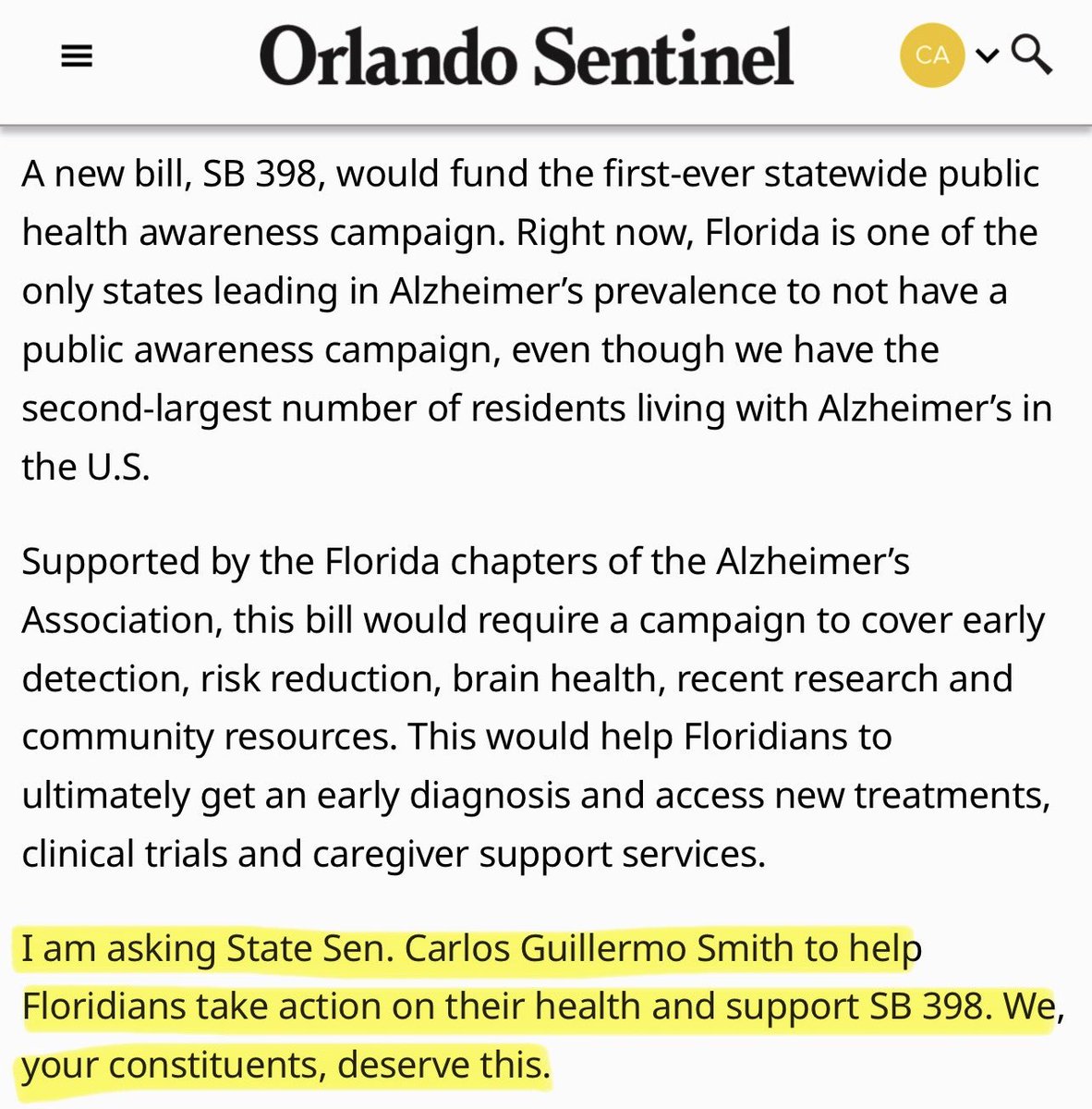 CarlosGSmith's tweet photo. Proud to officially co-sponsor SB 398 with @DannyBurgessFL creating more public awareness and early diagnosis of Alzheimer’s in Florida!

Thank you to constituent Zahydie Burgos Ribot for bringing this bill to my attention. Advocacy works!! 💪🏼📰 https://t.co/GNFlSBComh
