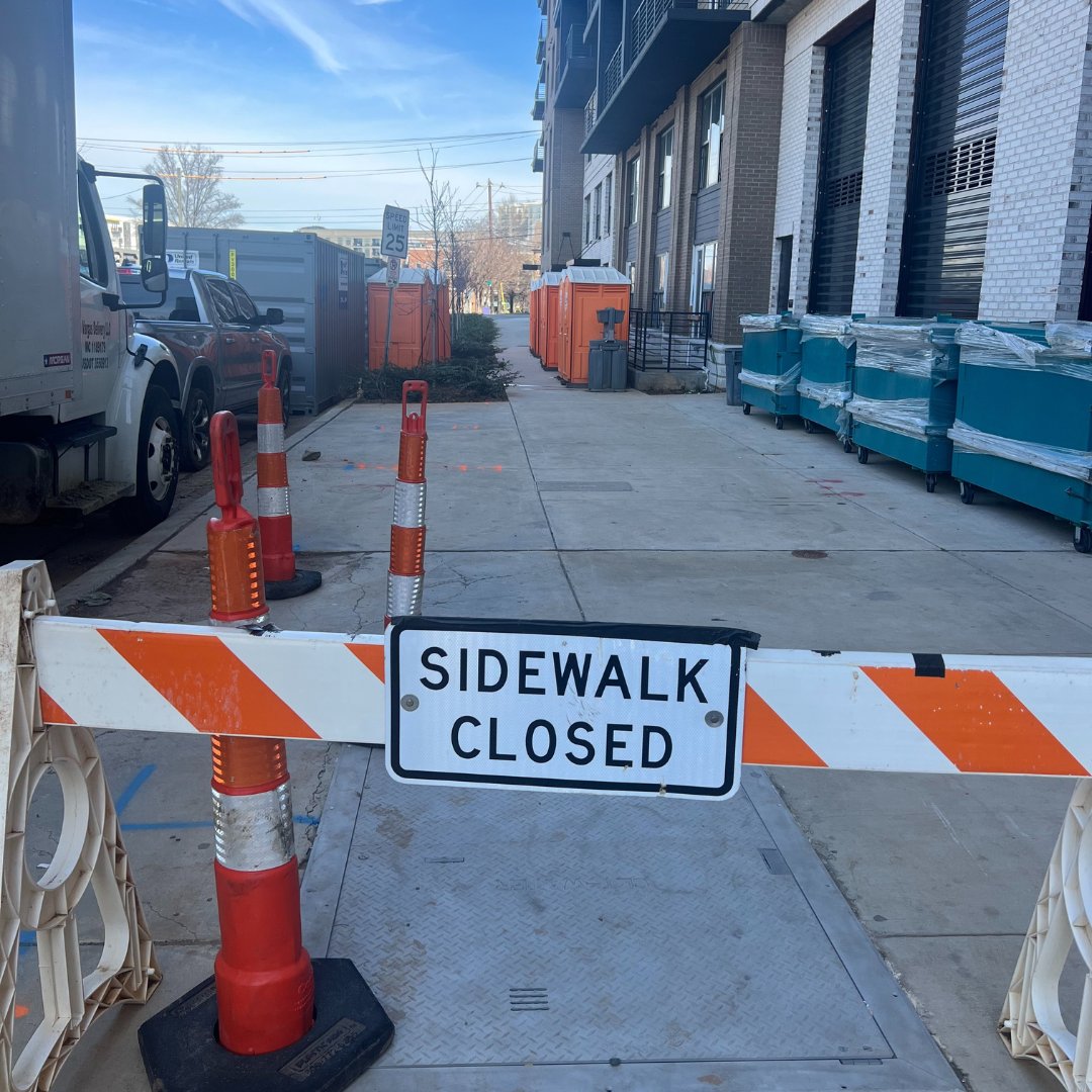 🧻 Spotted in Charlotte's South End: Sidewalk blocked ... for porta-potties!? (Sidewalk on the other side was closed, too). This is why we need <a href="/CLTgov/">City of Charlotte</a> to review sidewalk closure policies. These detours force pedestrians into traffic.
