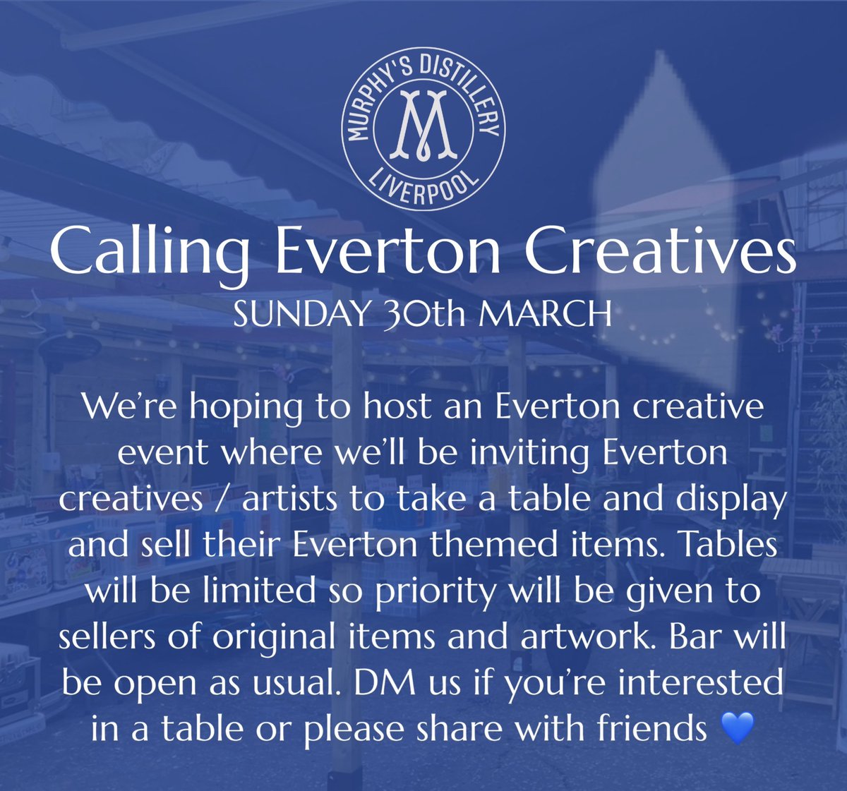 MurphysDist's tweet image. Hi all, inviting blues who want to display / sell their original designs, artwork, clothing etc. please DM us if you’re interested and share with us what you’d like to display/sell. Hoping to have a good afternoon supporting fellow blues (bar will be open) 💙 #everton @everton
