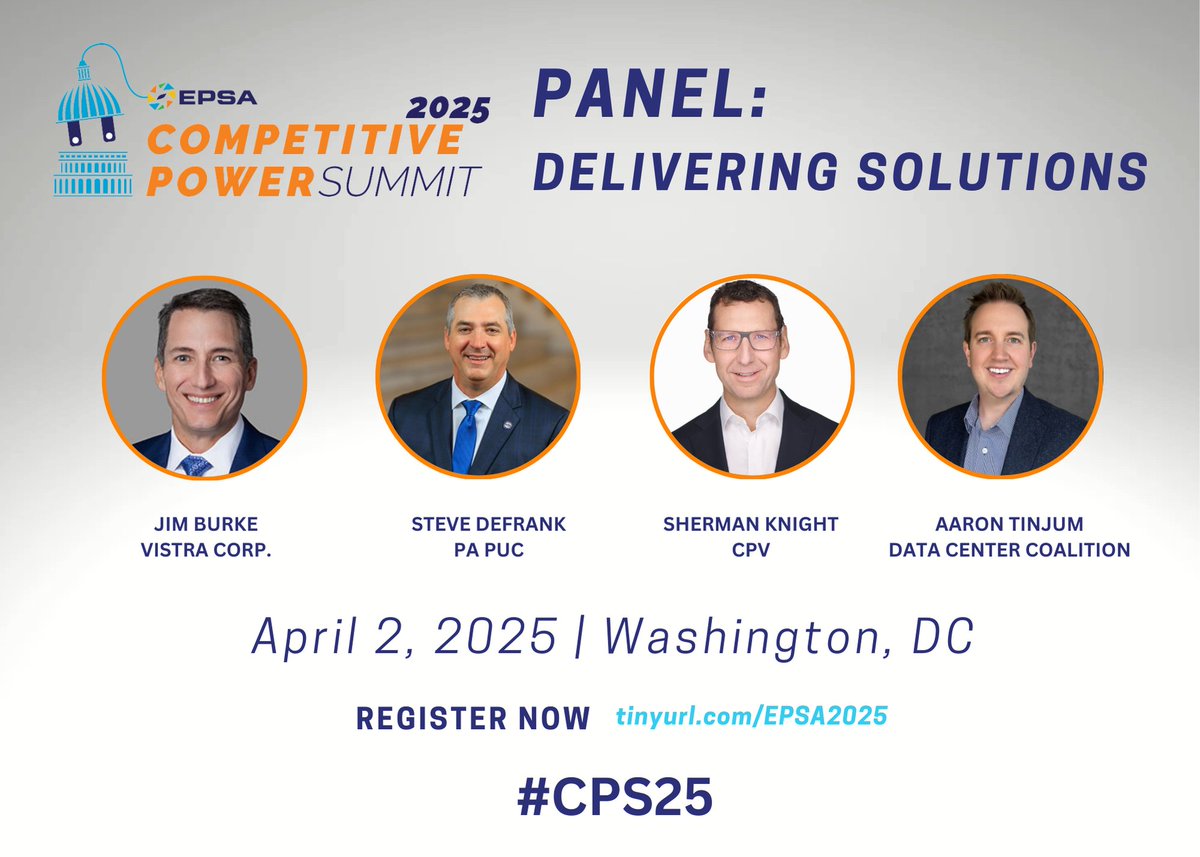 ⚡ Panel Spotlight ⚡From Challenges to Solutions: The Future of the Grid - 

Join us at the EPSA Competitive Power Summit to hear from experts including <a href="/CPVEnergy/">CPV Energy</a>, <a href="/VistraCorp/">Vistra</a>, <a href="/DCC_org/">DataCenterCoalition</a>, <a href="/PA_PUC/">PA PUC</a> on meeting US energy demand.

Register now! ow.ly/4E1Q50V2maV

#CPS25