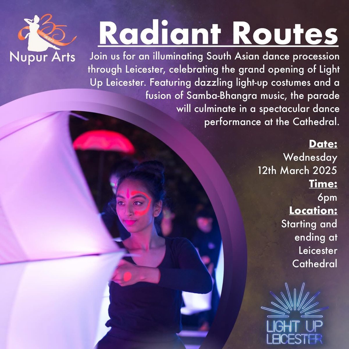 ✨🎉 Experience the magic of Radiant Routes: Opening Night Parade! 🎉✨

📅 Date: Wednesday, 12th March 2025
🕕 Time: 6pm
📍 Location: Starting and ending at Leicester Cathedral 

Follow this space for an exciting opportunity for YOU! 

<a href="/LightUpLeics/">Light Up Leicester</a> <a href="/Leicester_News/">Leicester City Council</a>