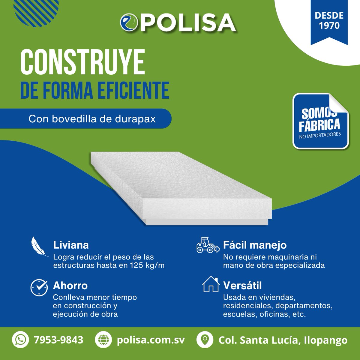 PolisaSV's tweet photo. Muchas veces las soluciones tradicionales de construcción generan retrasos y gastos adicionales.

Emplea ahora  #Bovedillas de #Durapax, que te ofrecen una serie de grandes ventajas:
✅AislamientoTermico superior
✅Livianas y de fácil instalación
✅Mayor resistencia y durabilidad https://t.co/fwIoeMZgez
