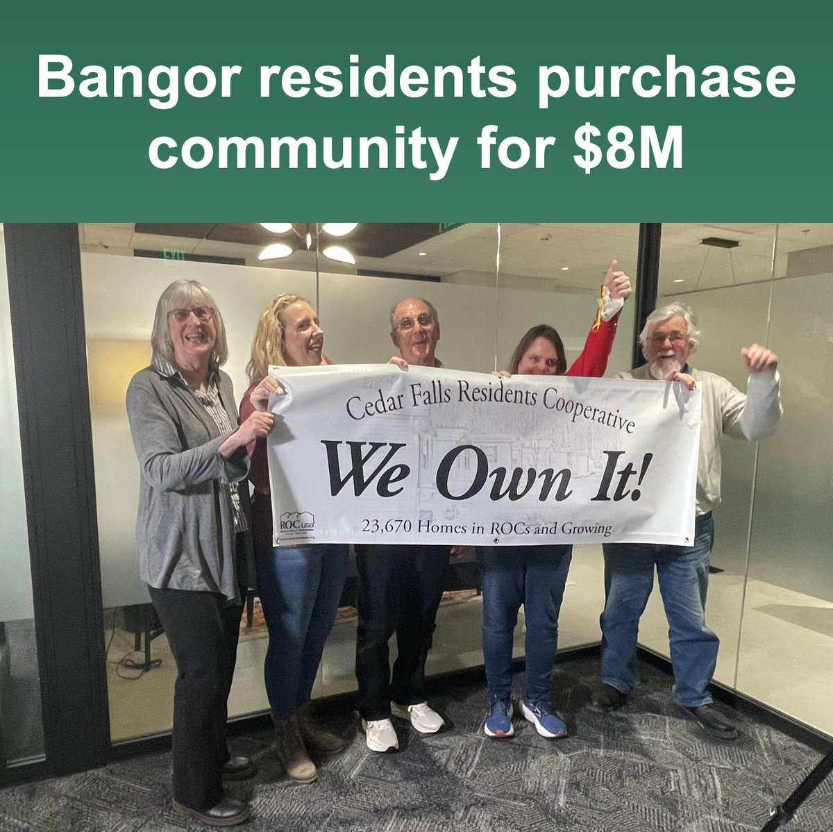 Residents of Cedar Falls Mobile Home Park today signed an $8 million deal to purchase their community, preserving nearly 130 affordable homes and solidifying plans to install dozens of new homes on the 79-acre park. Read their story here: cdi.coop/bangor-residen…
