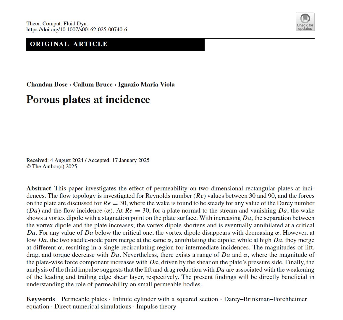 #New #Publication #Alert!
Excited to share our latest research, now published in Theoretical and Computational Fluid Dynamics: "Porous plates at incidence".
link.springer.com/article/10.100…