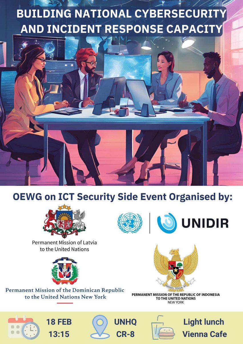 Cross-regional exchange of best practice is 🔑 to strengthening cybersecurity.

Latvia🇱🇻 was pleased to organise discussion on building national cybersecurity and incident response during #OEWG 

🙏 co-organizers <a href="/RDenONU/">Dominican Republic Mission to the UN</a>, <a href="/indonesiaunny/">Indonesian Mission to the UN</a>, <a href="/UNIDIR/">United Nations Institute for Disarmament Research</a> 

#TogetherForPeaceAndResilience