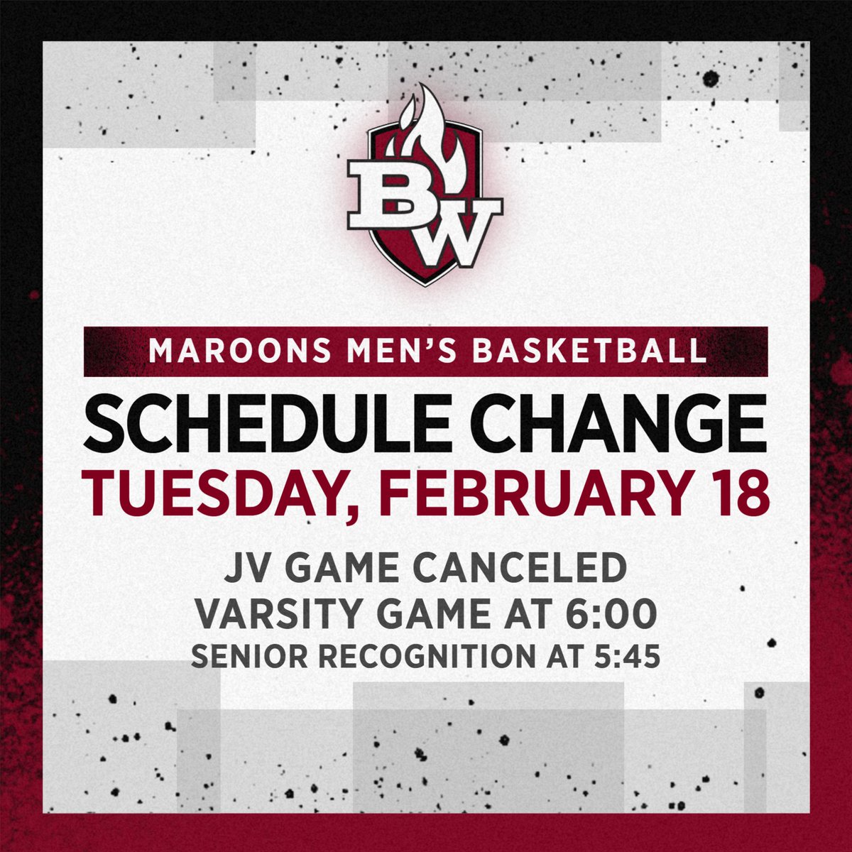 BW Athletics (@bwestathletics) on Twitter photo ❄️🏀 SCHEDULE CHANGE 🏀❄️
Tonight's schedule for Boys Basketball vs Belleville East has been modified:
JV game canceled
Varsity will tip off at 6:00
<a href="/BW_CompCheer/">BW Competitive Cheer</a>, <a href="/MaroonsHoops/">BWest Hoops</a>, <a href="/BTHSEastLancers/">BellevilleEastSports</a>, <a href="/East_Basketball/">BEast Basketball</a>, <a href="/GSV_STL/">Gateway Sports Venue</a>, <a href="/STLhssports/">STLhighschoolsports</a>, <a href="/MaroonMadnezz/">MaroonMadnezz</a> ❄️🏀 SCHEDULE CHANGE 🏀❄️
Tonight's schedule for Boys Basketball vs Belleville East has been modified:
JV game canceled
Varsity will tip off at 6:00
<a href="/BW_CompCheer/">BW Competitive Cheer</a>, <a href="/MaroonsHoops/">BWest Hoops</a>, <a href="/BTHSEastLancers/">BellevilleEastSports</a>, <a href="/East_Basketball/">BEast Basketball</a>, <a href="/GSV_STL/">Gateway Sports Venue</a>, <a href="/STLhssports/">STLhighschoolsports</a>, <a href="/MaroonMadnezz/">MaroonMadnezz</a>