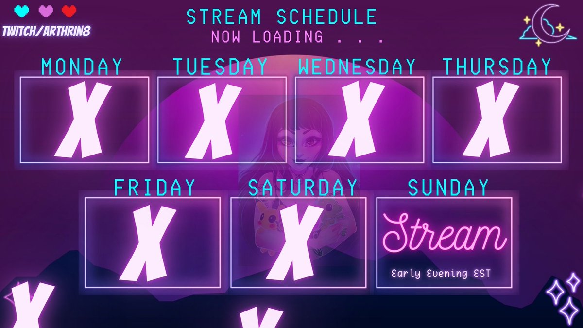 Arthrin8's tweet image. Schedule for this week!✨🖤✨

#TwitchStreamers  #TwitchAffilate #streamschedule #smallstreamerscommunity #GamerLife  #GamersUnite  #gamers  #gamergirls #games  #twitchtv  #TwitchStreamers #streamer #streamergirls #gamer #videogames #pcgaming #horrorgames #facecam #twitchgaming