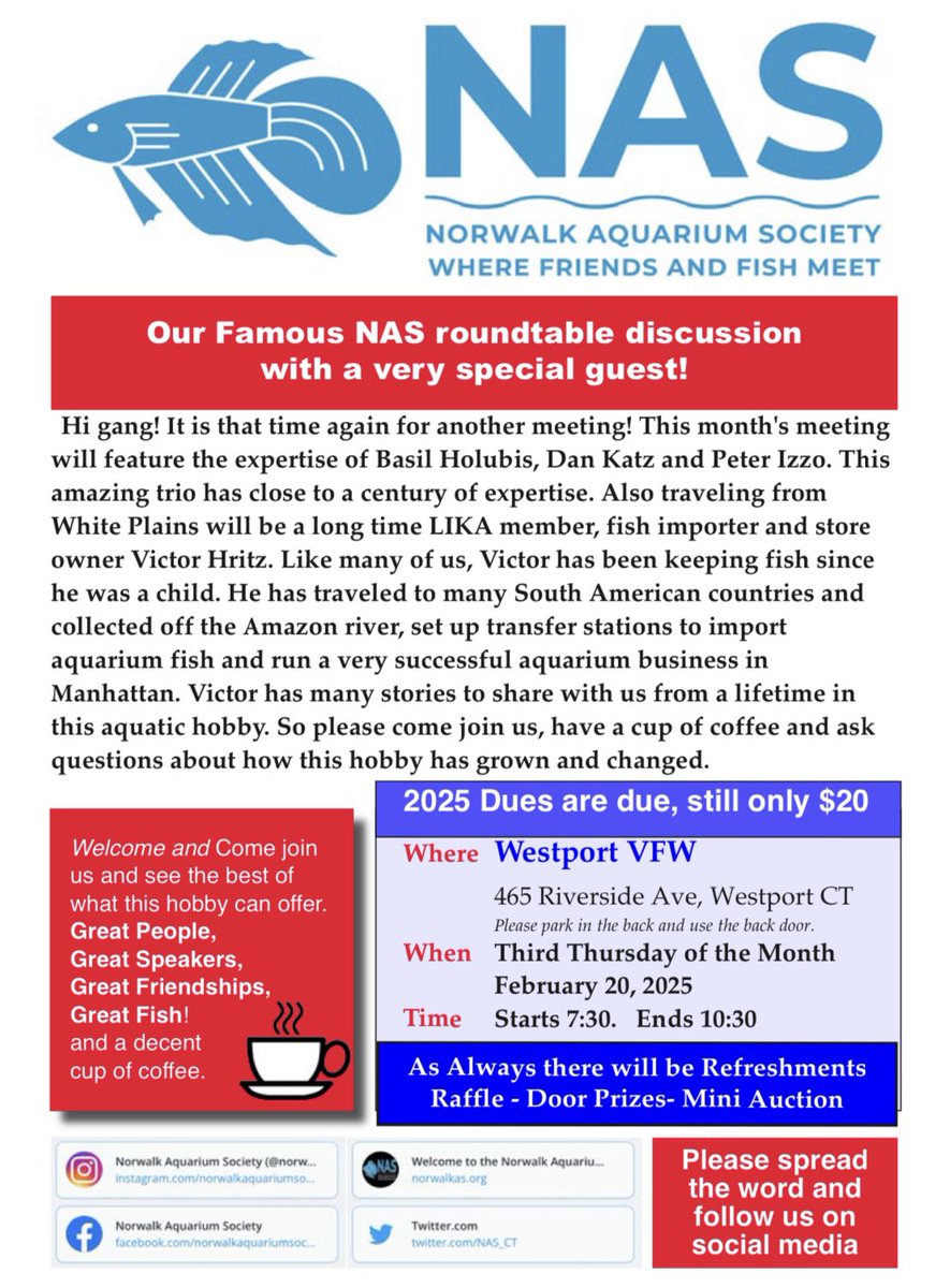 🐟🐟🐟🐟🐟🐟🐟🐟🐟🐟
#NorwalkAquariumSociety
Join us on February 20, 2025 for our monthly meeting.
We are having Our Famous Roundtable Discussion.
With three of our most knowledgeable members.
Hope to see you there.
🐟🐟🐟🐟🐟🐟🐟🐟🐟🐟