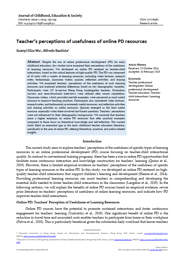 🌟New paper "Teacher's perceptions of usefulness of online PD resources" by Dr. Eliza Wu (<a href="/ElizaWu0411/">Eliza Wu</a>) &amp; Dr. Alfredo Bautista (<a href="/Dr_A_Bautista/">Alfredo BAUTISTA</a>) in the Journal of Childhood, Education &amp; Society (<a href="/journal_CES/">J Childhood, Education & Society</a>): j-ces.com/index.php/jces…! #ECE #EdUHK