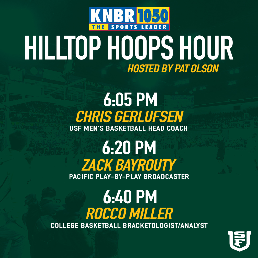 Join me live at 6:00 on <a href="/KNBR/">KNBR</a> 1050am as I talk <a href="/USFDonsMBB/">San Francisco Men's Basketball</a> and <a href="/WCChoops/">West Coast Conference Basketball</a> with <a href="/CoachCeeGee/">Chris Gerlufsen</a>, <a href="/PacificMensBB/">Pacific Men's Basketball</a> announcer <a href="/ZackBayrouty/">Zack Bayrouty</a> and bracket expert <a href="/RoccoMiller8/">Rocco Miller</a>.

#USFDons /#WCCHoops

knbr.com/listen-live-on…
