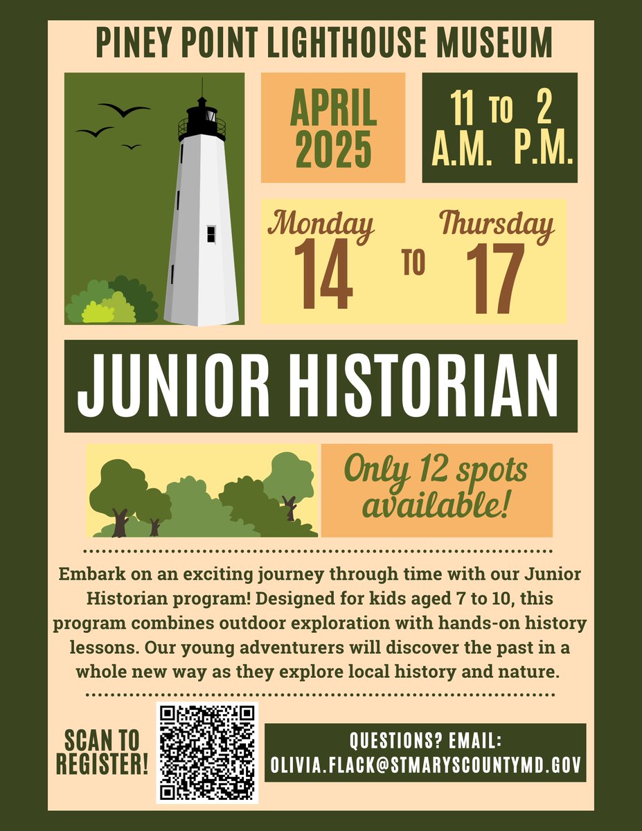 St. Mary's County Government (@stmaryscogov) on Twitter photo 🌟 Spring Break Adventure Alert! 🌿⛵ Kids 7-10 can dig, explore & create at Piney Point’s Junior Historian Program, April 14-17!
Limited spots — book now: JuniorHistorian2025.eventbrite.com
Read the full release: stmaryscountymd.gov/pio/docs/2025-…
#SpringBreakFun #JuniorHistorian <a href="/PineyPtLHMuseum/">Piney Point Lighthouse Museum & Historic Park</a> 🌟 Spring Break Adventure Alert! 🌿⛵ Kids 7-10 can dig, explore & create at Piney Point’s Junior Historian Program, April 14-17!
Limited spots — book now: JuniorHistorian2025.eventbrite.com
Read the full release: stmaryscountymd.gov/pio/docs/2025-…
#SpringBreakFun #JuniorHistorian <a href="/PineyPtLHMuseum/">Piney Point Lighthouse Museum & Historic Park</a>