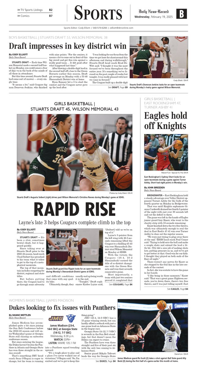 Daily News-Record Sports (2/19/25):
-Layne's 3 lifts Draft girls in thrilling win
-Cougars roll past Wilson boys
-East Rock fends off Turner Ashby
-#JMU preparing for Ga. State
-Final night of #VHSL hoops action
-Pair of #SBC, #AAC weekly awards
-Trio of guards key for the Dukes