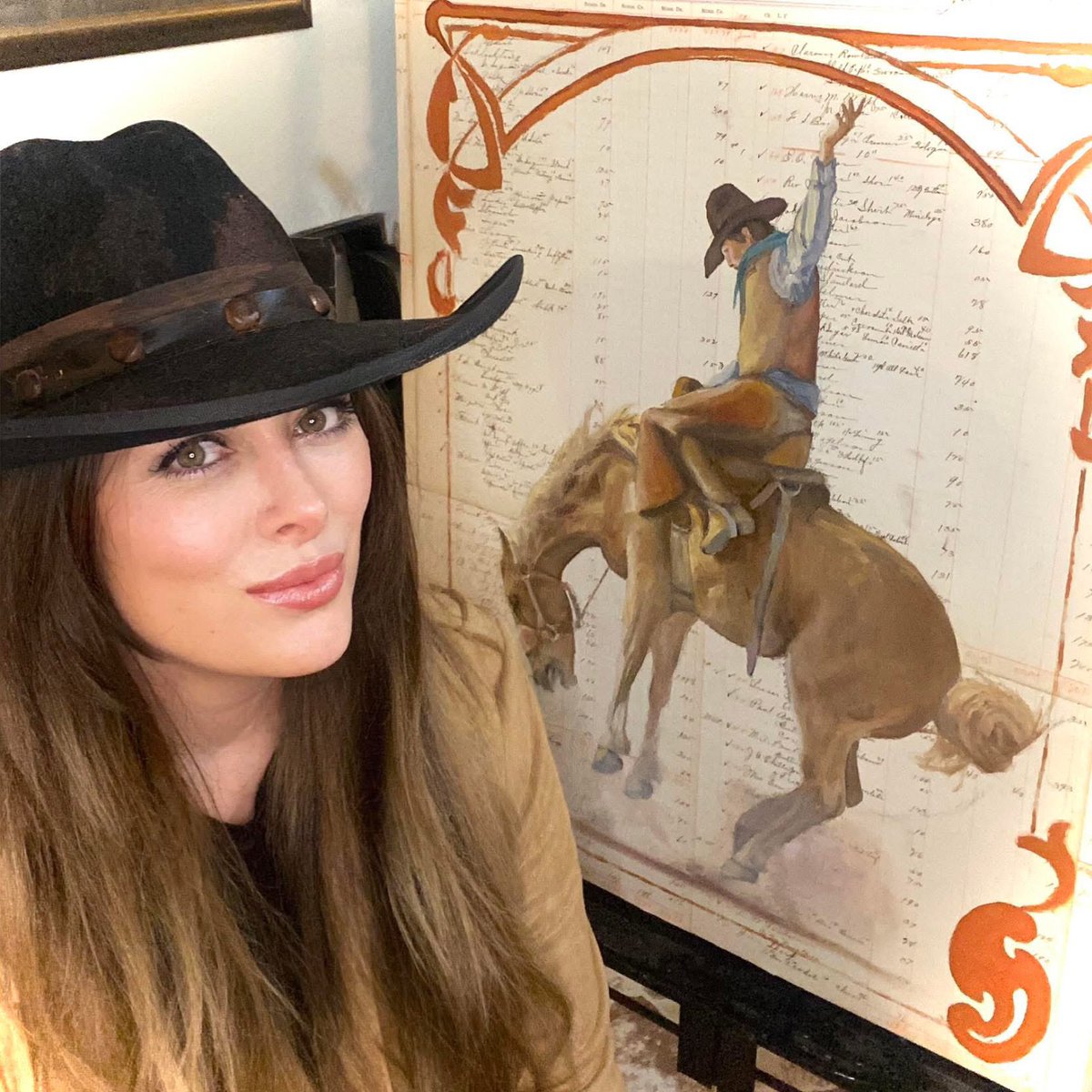 30x24 Mixed Media on Original 1901 Ledger by Julie Asher #Ledger #ledgerart #kevincostner #westernart #westernartist #oldwest #bronc #cowboy