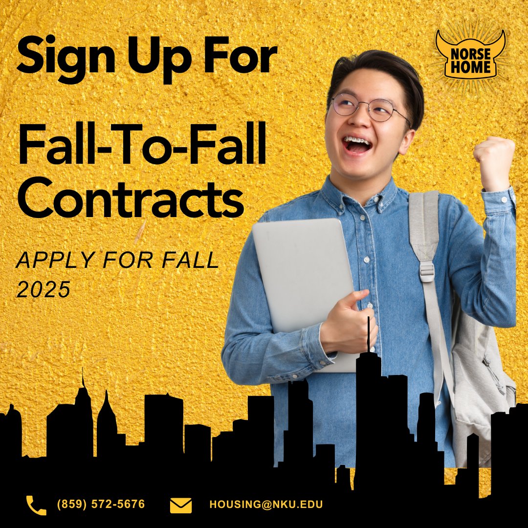 Apply for Fall 2025 Housing today! You have until May 31 to cancel a housing contract without any charge! Room Selection is open and is first come, first serve so make sure to apply ASAP! To apply for housing and see more information click the link below!

inside.nku.edu/studentaffairs…