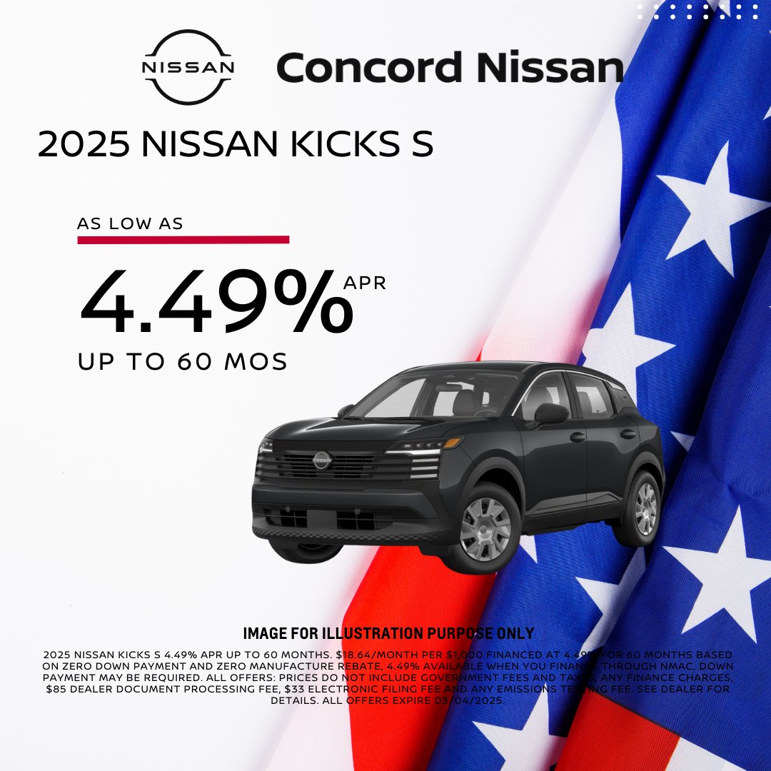 ConcordNissanCA's tweet image. 🏁 Get More for Less! 🎉 Finance the 2025 Nissan Kicks S with 4.49% APR for up to 60 mos! Drive in style today! #NissanKicks #PresidentsDay #LowAPR

Shop For Yours at 👉 p1.tt/4gojx7Z