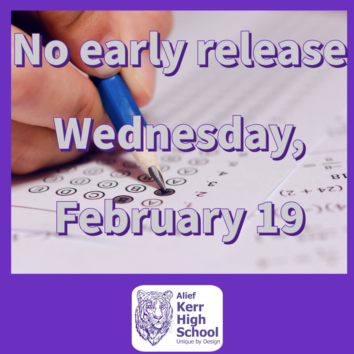 No early release this week! We'll be on a regular day schedule tomorrow due to testing in the district. #kerrtigersfigureitout