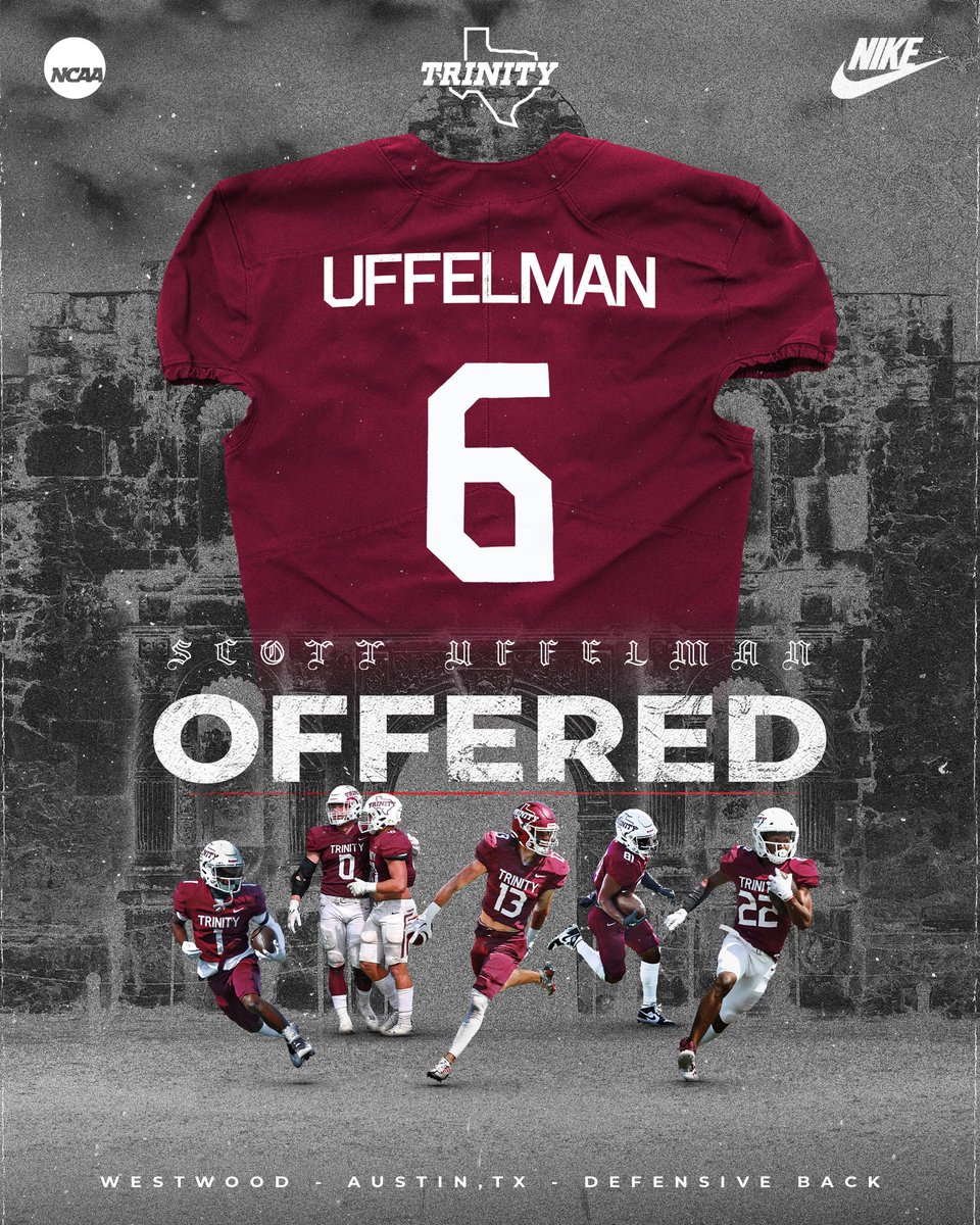 Scott Uffelman #6 (@scottuffelman) on Twitter photo I had an AWESOME visit at Trinity University today. Thank you <a href="/JerhemeUrban83/">Jerheme Urban</a> <a href="/CoachQ_Carter/">Quentin Carter</a> for the opportunity to continue my academic and athletic career <a href="/TUFootballTX/">Trinity University Football</a>.
<a href="/BamPerformance/">Bam Performance</a> <a href="/coach_awood/">Anthony Wood</a> <a href="/CoachD_Will93/">Dezmun Williams</a> <a href="/CoachRamirez12/">Alec Ramirez</a> I had an AWESOME visit at Trinity University today. Thank you <a href="/JerhemeUrban83/">Jerheme Urban</a> <a href="/CoachQ_Carter/">Quentin Carter</a> for the opportunity to continue my academic and athletic career <a href="/TUFootballTX/">Trinity University Football</a>.
<a href="/BamPerformance/">Bam Performance</a> <a href="/coach_awood/">Anthony Wood</a> <a href="/CoachD_Will93/">Dezmun Williams</a> <a href="/CoachRamirez12/">Alec Ramirez</a>