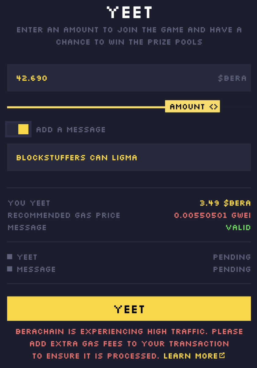 eatsleepyeet's tweet photo. After experiencing a blockstuffing attack yesterday, the Yeetarded devs have added a feature: your gas will be automatically increased in periods of high congestion, guaranteeing that it will be processed

Unfortunately, @Rabby_io does not yet support EIP-1559 on @berachain so users will have to change the gas fee manually. If you need a tutorial on how to do that, blz check: https://t.co/3hxB7kpBMH