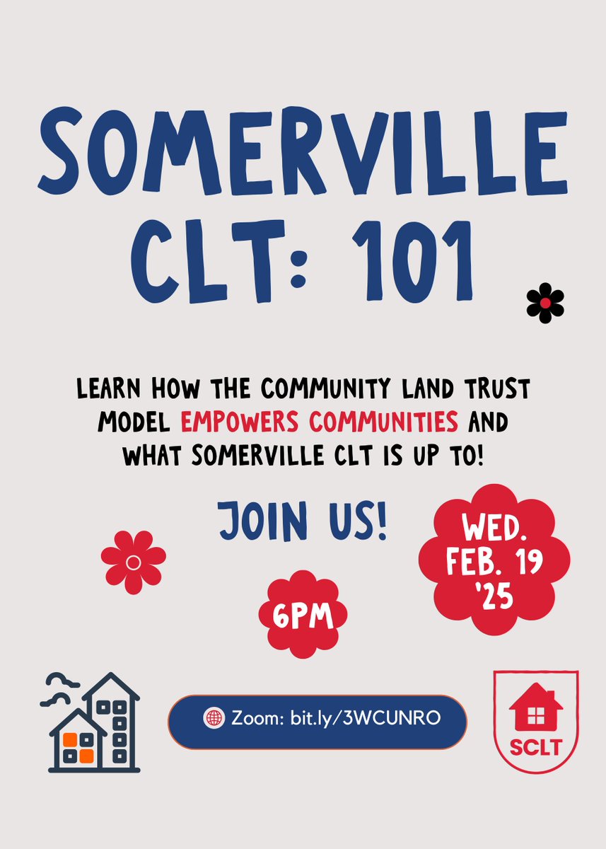 Join "CLT: 101" tomorrow  at 6PM on Zoom! 

Learn about how Somerville CLT promotes neighborhood stability in Somerville and what's planned for 2025!

Use the url: bit.ly/3WCUNRO to join.