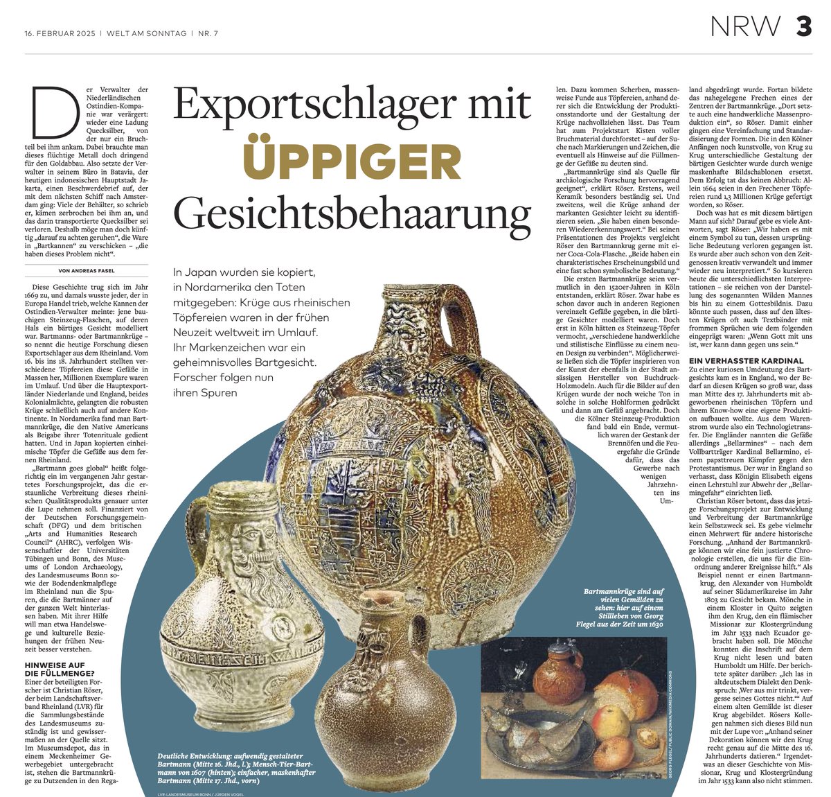 histarch's tweet image. 📣 Unser Projekt „Bartmann goes global“ in Die Welt (Ausgabe 16. Februar 2025). Mit dem LVR-Landesmuseum Bonn und @MOLArchaeology untersuchen wir die globale Verwendung von rheinischen Bartmanngefäßen. Wie findet ihr die Überschrift? We love it😍
@Chris_Roeser @nigeljeffries