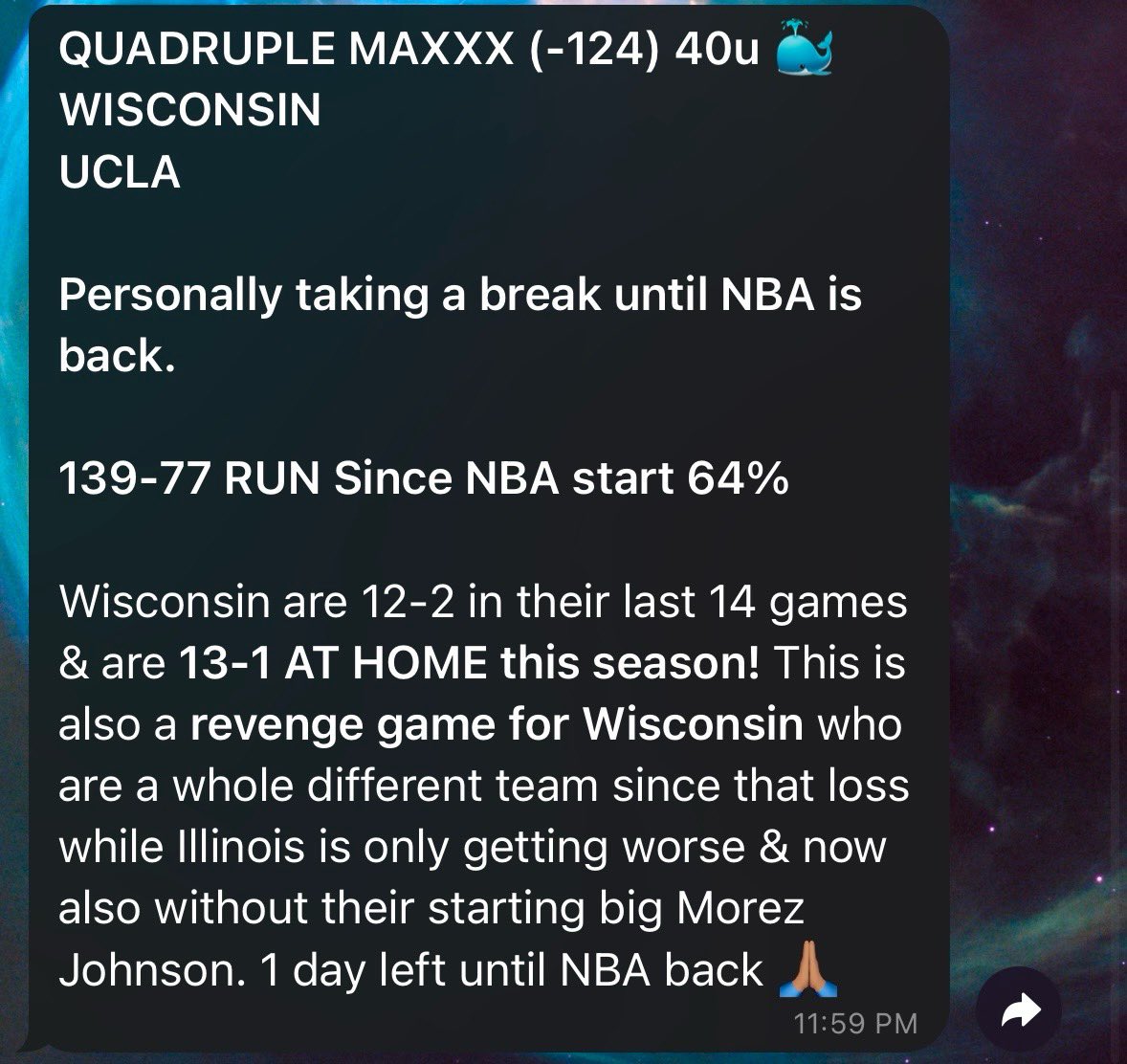 PickzHub's tweet image. 🐳🐳🐳 FREE MAXXX COLLAB 🐳🐳🐳

COLLAB WITH @DQUANPICKS FOLLOW HIM!
HE POSTS “FREE” MAX WINNERS DAILY! 🔥

FREE MAXXX PARLAY (-124) 🐳
🏀 WISCONSIN
🏀 UCLA

MY FREE PICKS RECORD: 272-97 (74%)