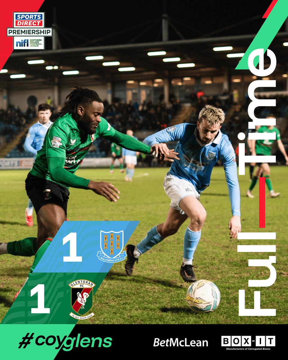 Glentoran's tweet photo. 𝗙𝗨𝗟𝗟 𝗧𝗜𝗠𝗘

Points shared at the showgrounds

[1-1]

#BALGLE #COYGlens🐓💚 https://t.co/McgJjjIdvx